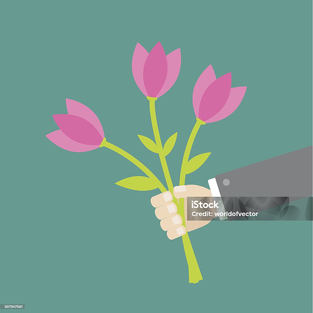 Empresario mano sosteniendo un ramo de flores de tulipán rosa.  Diseño plano. - arte vectorial de Amor - Sentimiento libre de derechos