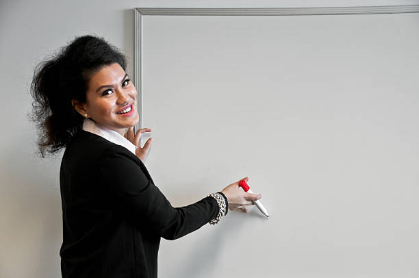 istock Business woman present with draw board on white background 507549162