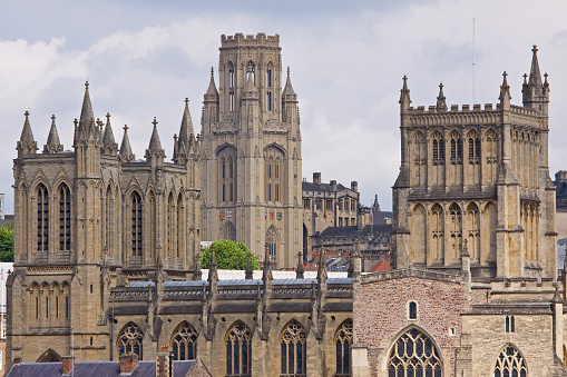 Bristol skyline comprising classical towers of the university and cathedral UK