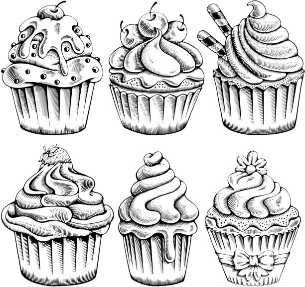 ilustraciones, imágenes clip art, dibujos animados e iconos de stock de conjunto de cupcakes - engraving old fashioned cake food