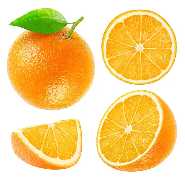 Photo of Collection of whole and cut oranges isolated on white
