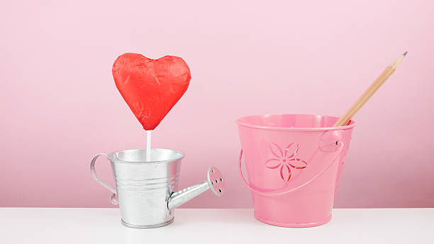 istock Red foiled chocolate heart stick with small silver watering can 507569218