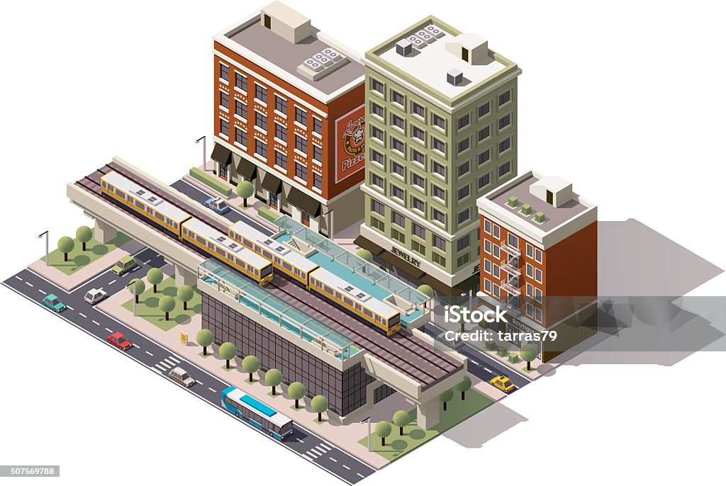 Vector isometric city train station Isometric icon representing elevated train station Town stock vector