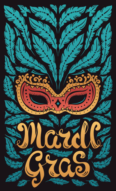 illustrazioni stock, clip art, cartoni animati e icone di tendenza di mardi gras celebrazione poster con maschera veneziana e piume - carnival parade