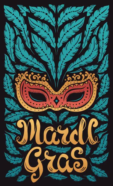 Vector illustration of Mardi Gras celebration poster with venetian mask and feathers