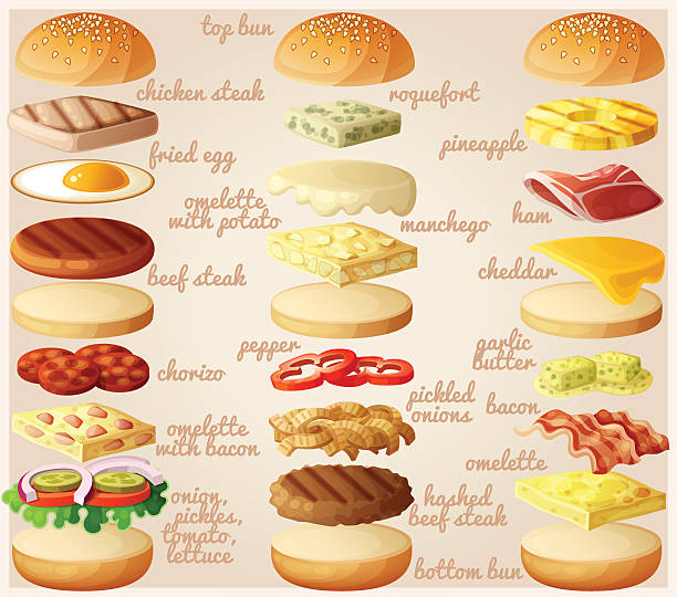 illustrations, cliparts, dessins animés et icônes de hamburgers ensemble. ingrédients :  les petits pains, fromage, bacon, tomate, oignon, laitue, concombres - omelet bacon tomato fruit