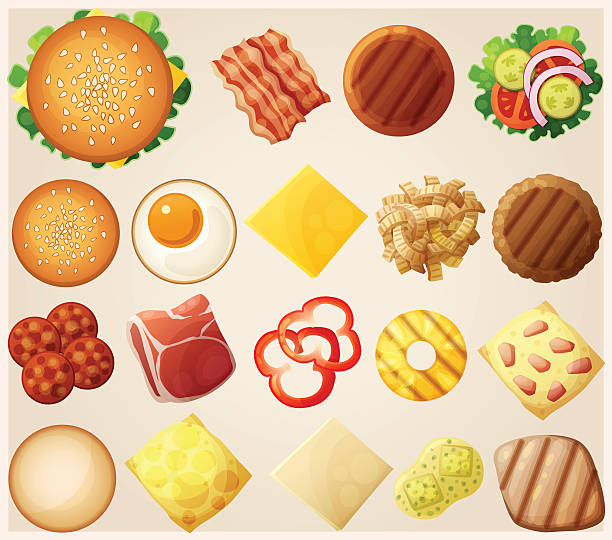 ilustraciones, imágenes clip art, dibujos animados e iconos de stock de hamburguesas juego. vista superior. ingredientes :  bollos, queso, tocino, tomate, cebolla - omelet bacon tomato fruit