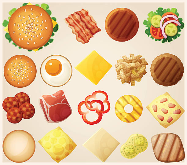 illustrations, cliparts, dessins animés et icônes de hamburgers ensemble. vue supérieure. ingrédients :  les petits pains, fromage, bacon, tomate, oignon - omelet bacon tomato fruit