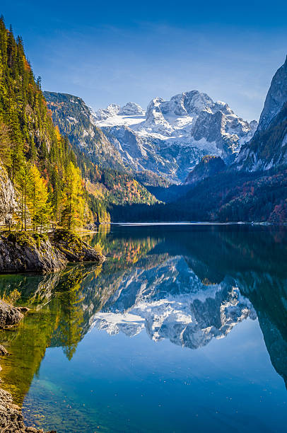 Autumn scenery with Dachstein mountain at Gosausee, Salzkammergu Beautiful view of idyllic colorful autumn scenery with Dachstein mountain summit reflecting in crystal clear Gosausee mountain lake in fall, Salzkammergut region, Upper Austria, Austria dachstein mountains photos stock pictures, royalty-free photos & images