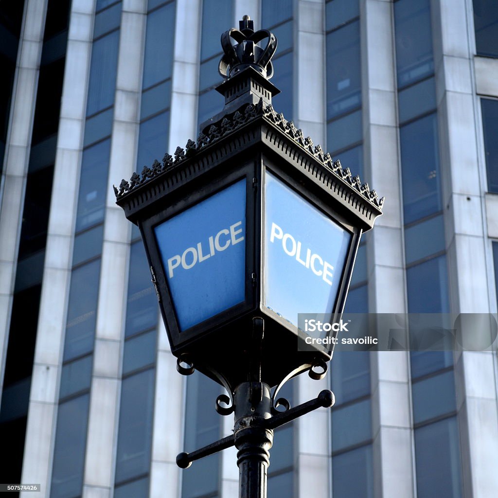 Police Street lamppost in a front of the police station Police Force Stock Photo