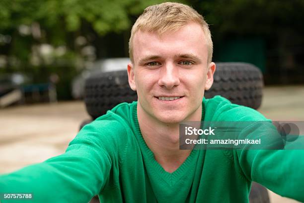 Scandinavian Man Outdoors Taking Selfie Stock Photo - Download Image Now - Blond Hair, Young Men, Looking At Camera