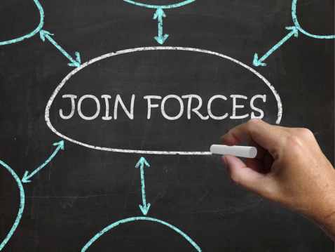 Join Forces Blackboard Meaning Work Together And Partnership