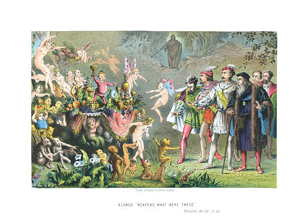 Scene from 'The Tempest' Act 3 Scene 3 A scene from “The Tempest”, a play by William Shakespeare (here spelled Shakspeare as was common in the 19th century). From “The Library Shakspeare, Volume One - Comedies”, illustrated by Sir John Gilbert, George Cruikshank and R. Dudley. Published in London by William Mackenzie, c1882. william shakespeare illustrations stock illustrations
