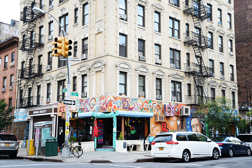 New York, United States - August 11, 2015: Corner of East Village, nice neighborhood in New York with a lot of bars and restaurants.