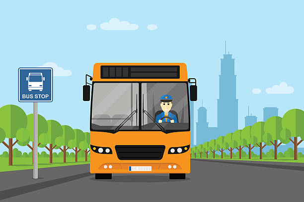 bus driver picture picture of a bus with busdriver inside, standing on bus stop, flat style illustration driver occupation stock illustrations