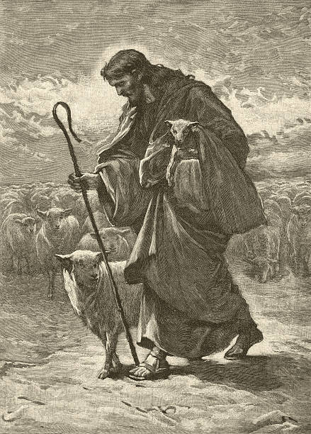 Good Shepherd Jesus Christ - ‘The Good Shepherd’ - tending his metaphorical flock. From “The Children’s Friend - A Monthly Magazine for Boys & Girls” - bound volume XXXIX, Jan-Dec 1899; published by S.W. Partridge & Co., London. allegory painting stock illustrations