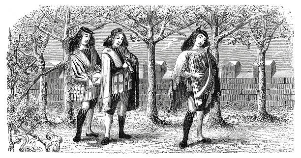 Minstrels in France since 16th century (antique engraving) 19th century illustration of a Minstrels in France since 16th century. Reproduction after a manuscript by Roman de la Rose. Original artwork published in Le magasin Pittoresque by M. A. Lachevardiere, Paris, 1846. troubadour stock illustrations