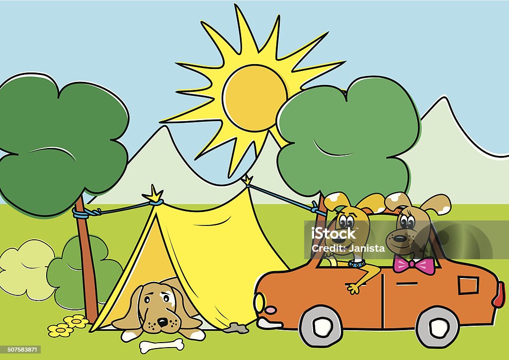 dog and tent Dog resting in a tent. Besides stand car with two dogs. Picture for children. Animal stock vector