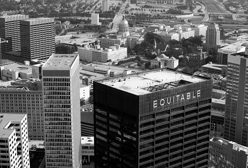 Black and white picture of Manchester from a plane window.