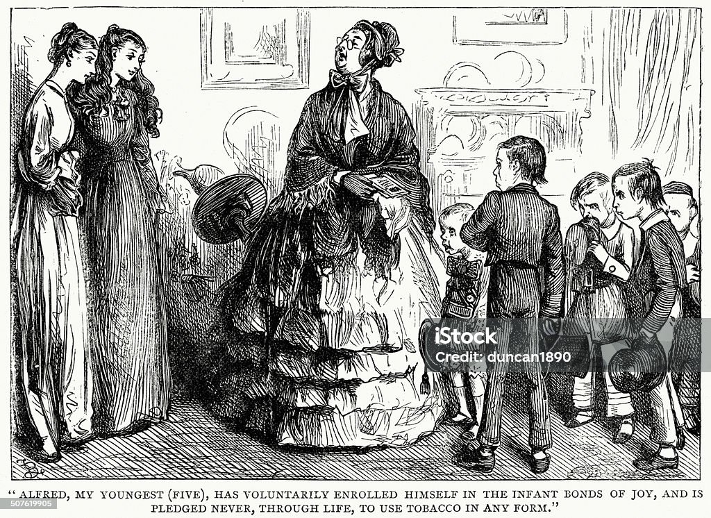 Bleak House Vintage engraving from the works of Charles Dickens. From Bleak House. Alfred, my youngest (five), has voluntarily enrooled himself in the infant bonds of joy, and is pledged never, through lifge, to use tobacco in any form. Barren stock illustration