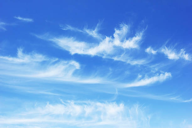 céu azul com nuvens de verão - cirrus cloud white fluffy - fotografias e filmes do acervo