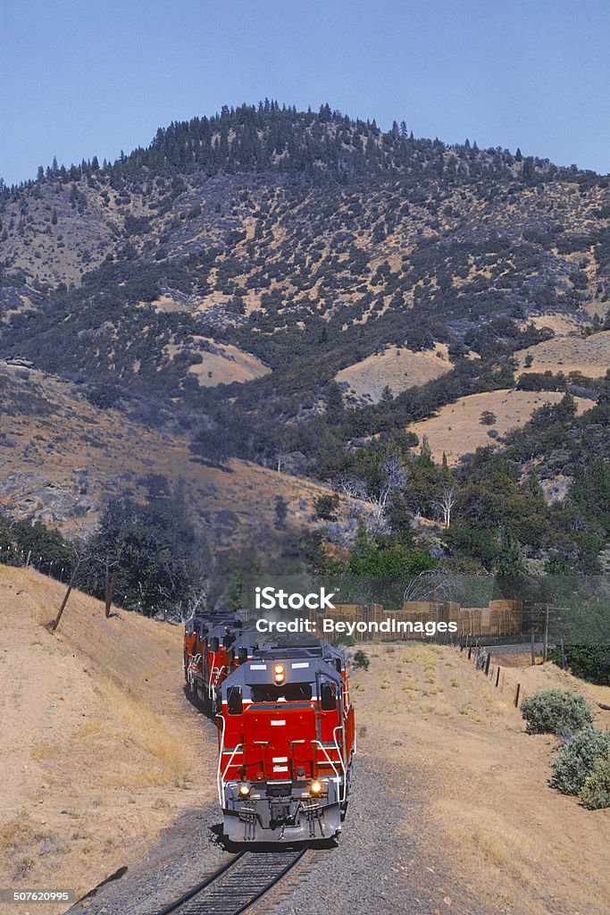 Diesels heben trainload von Holz in bewaldeten Hügel - Lizenzfrei Anhöhe Stock-Foto
