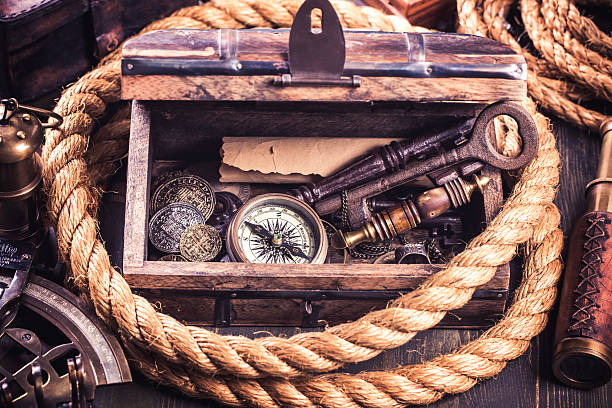 istock Old wooden box and nautical instruments 507626824