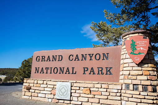 Grand Canyon, USA - January 28, 2016: An editorial stock photograph of the Grand Canyon National Park entrance sign. 