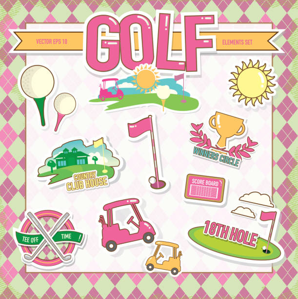 симпатичный женщин's турнир по гольфу летом набор элементов - golf women pink ball stock illustrations