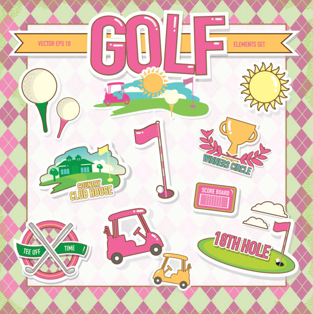 Vector illustration of women's summer golf tournament set of elements for poster advertisement design template. Green, cheerful orange colors.  Includes sample text design elements and golf green, golf course and golf cart background. Perfect for golf outing, tournament, golf course advertisement poster and charity sporting event. See my portfolio for other invitations and golf concepts.
