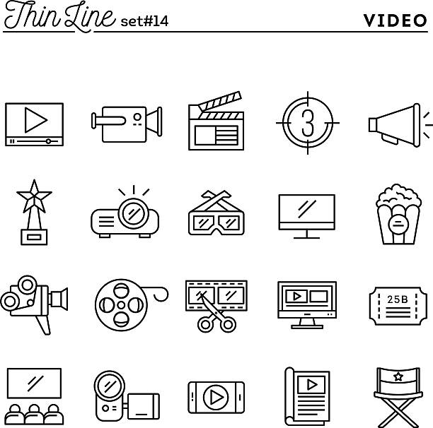 필름, 비디오, 촬영, 편집, 추가, 여윔 꺾은선형 아이콘 세트 - film industry stock illustrations