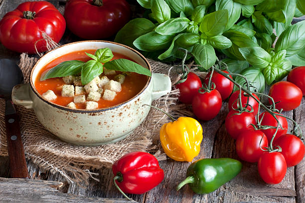istock Tomato gazpacho soup with pepper and garlic, Spanish cuisine 507627764
