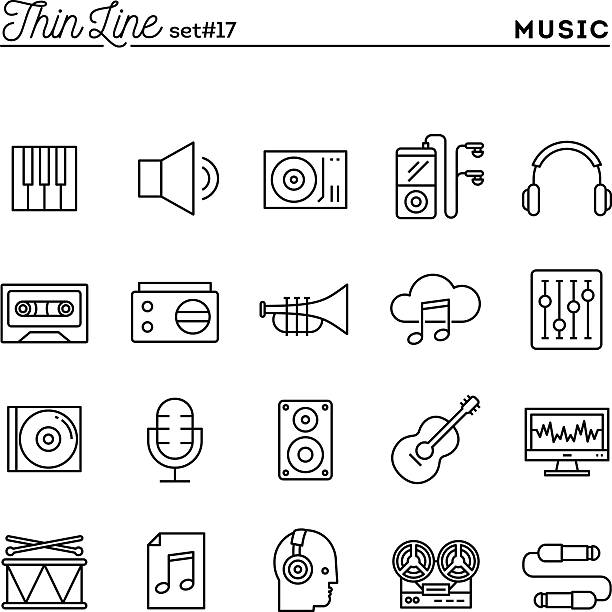 ilustraciones, imágenes clip art, dibujos animados e iconos de stock de música, sonidos registro, edición y más, conjunto de iconos de línea fina - cable audio equipment electric plug computer cable