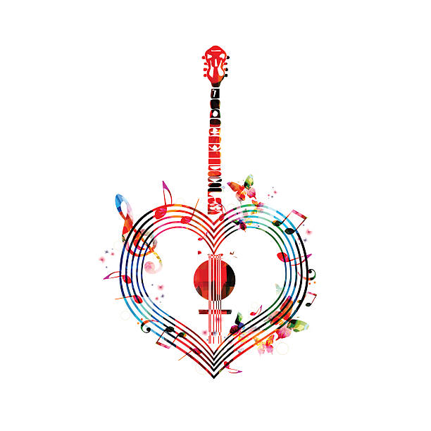 farbenfrohe herz geformte banjo-design - music musical note treble clef dancing stock-grafiken, -clipart, -cartoons und -symbole