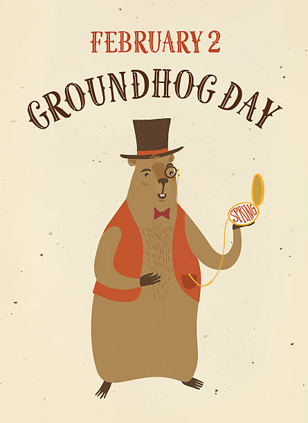 Cartoon old style Groundhog Day illustration Cartoon smiling groundhog with clock wearing hat. Old paper background. Vintage Groundhog Day poster with title for your design. groundhog day clock stock illustrations