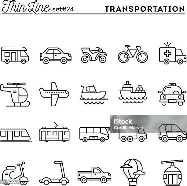 Transport Und Fahrzeuge Dünne Linie Symbole Satz Stock Vektor Art und mehr Bilder von Icon - Icon, Auto, Eisenbahn