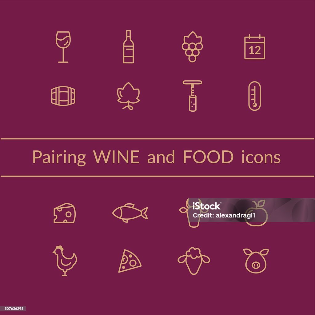 Wine and food pairing icons Vector set of wine and food pairing icons like fish, meat, fruits, bottle, glass, grapes. Line style Icon Symbol stock vector