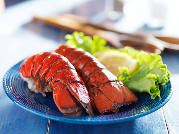 two lobster tails on blue plate with garnish for dinner two lobster tails on blue plate with garnish for dinner shot with selective focus tail fin photos stock pictures, royalty-free photos & images
