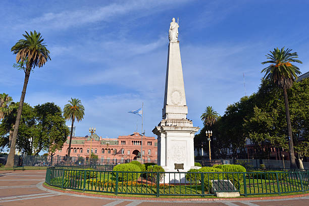 Buenos Aires, Argentina -  29 August 2019: A view of Casa Rosada, or Pink House, the office of President of Argentina. with landmark Plaza de Mayo, location of many historic and political events.