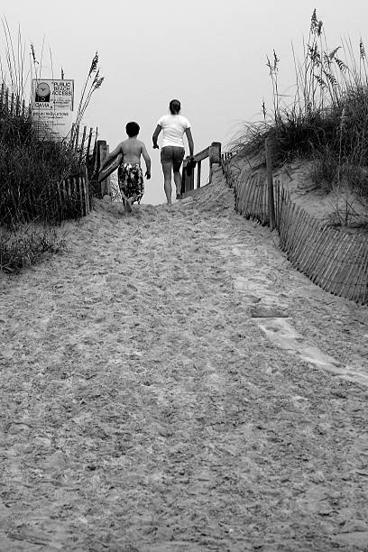 sand düne bietet zugang zum strand mit menschen kreuzung - sand sea oat grass beach sand dune stock-fotos und bilder