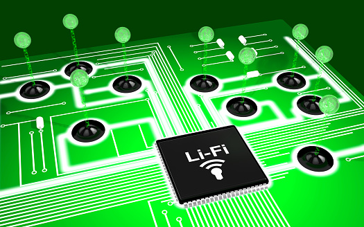 Circuit board with light emitters and chip as a Li-Fi concept illustration