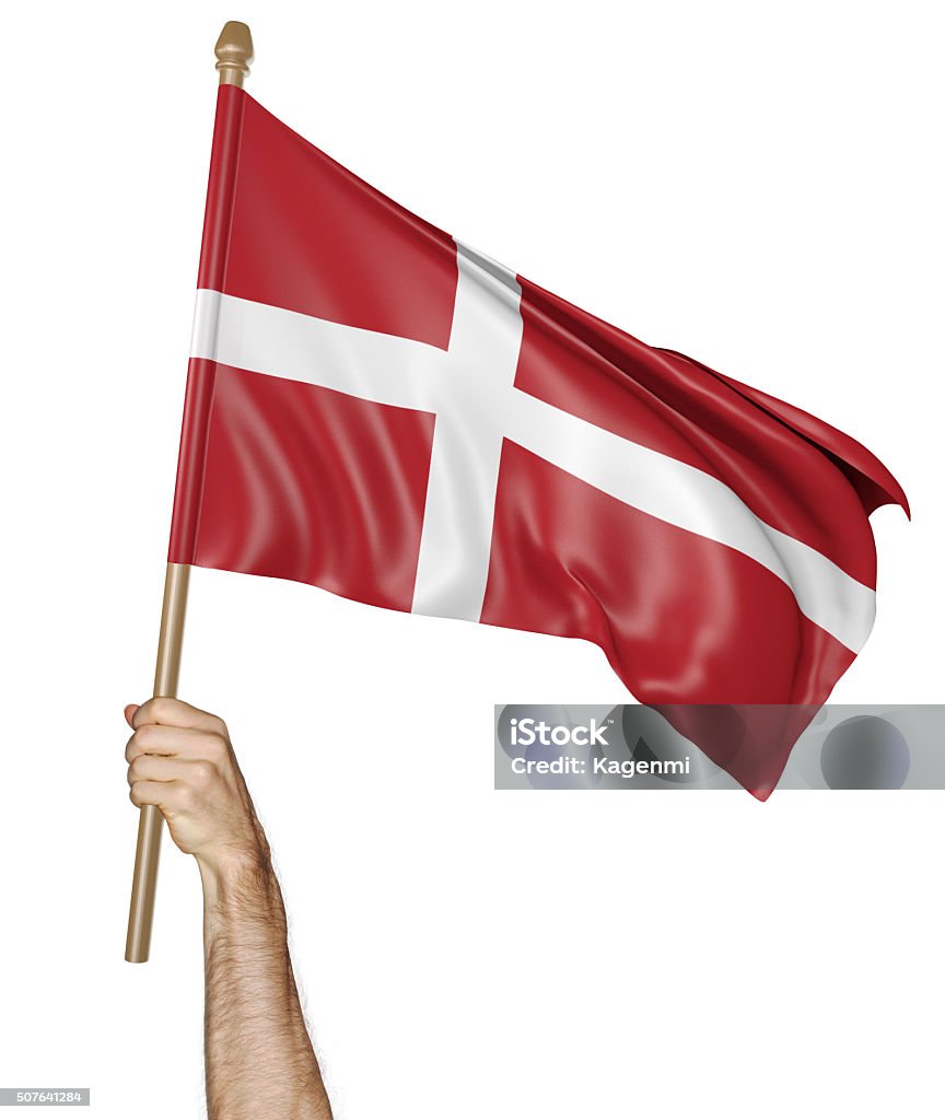 Mão orgulhosamente acenando a bandeira nacional da Dinamarca - Foto de stock de Acenar royalty-free