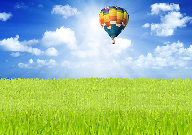 Hot air balloon over green fields and blue sky background