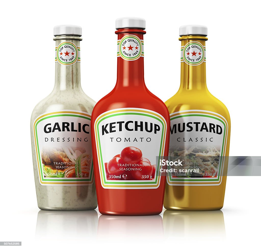 Set of bottles with seasonings Set of plastic bottles with different seasonings - tomato ketchup, yellow mustard and garlic dressing isolated on white background with reflection effect Bottle Stock Photo