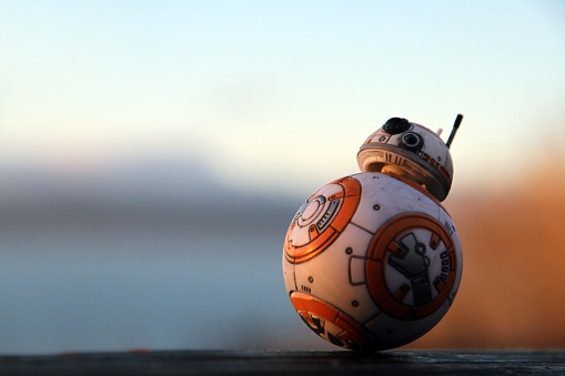 Vancouver, Canada - January 23, 2016: A BB8 droid from the Star Wars film franchise. The toy is part of the Black Series, from Hasbro.