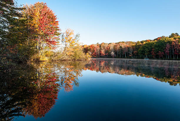 istock River reflections of early fall colors in Maine. 507681523