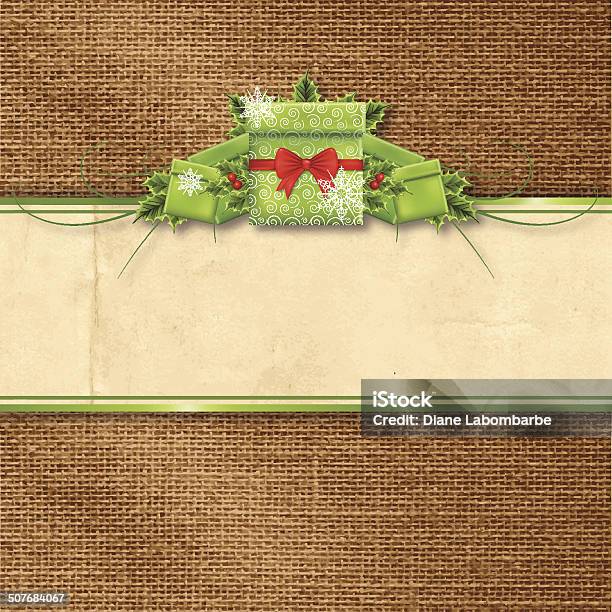 Holly Christmas Gifts Banner On Burlap Background Stock Illustration - Download Image Now - Box - Container, Burlap, Package