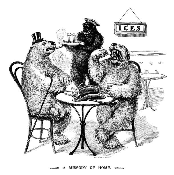 Polar bears eating ice creams A strange scenario with two homesick polar bears eating ice creams, which are being served by a gleeful-looking gorilla. From “The Children’s Friend - A Monthly Magazine for Boys & Girls” - bound volume XXXIX, Jan-Dec 1899; published by S.W. Partridge & Co., London. engraved image photos stock illustrations