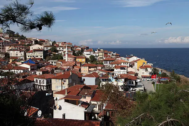 Zeytinbagi / Tirilye (Trilye) Harbor in Bursa/Turkey and Turkish Flag