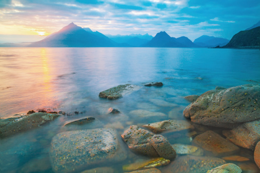 Sunset looking towards the Cuillin Hills from Elgol Isle Of Skye, Inner Hebrides, Scotland